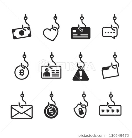 Set of phishing hooks stealing data, money, passwords, and identity to illustrate cybercrime and online fraud threats Set of phishing hooks stealing data, money, passwords, and identity to illustrate cybercrime and online fraud threats 130549473