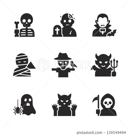 Halloween solid icon set used in spooky, horror, and costume clip art character collections. Halloween solid icon set used in spooky, horror, and costume clip art character collections. 130549494