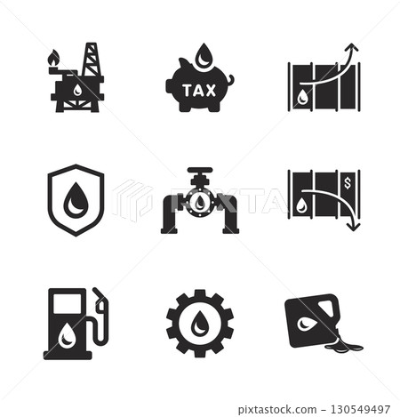 Oil and fuel industry solid icon set used in energy, petroleum, and economic design concepts. Oil and fuel industry solid icon set used in energy, petroleum, and economic design concepts. 130549497