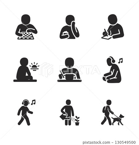 Collection of solid icons showing simple daily joys and relaxing lifestyle activities. 130549500