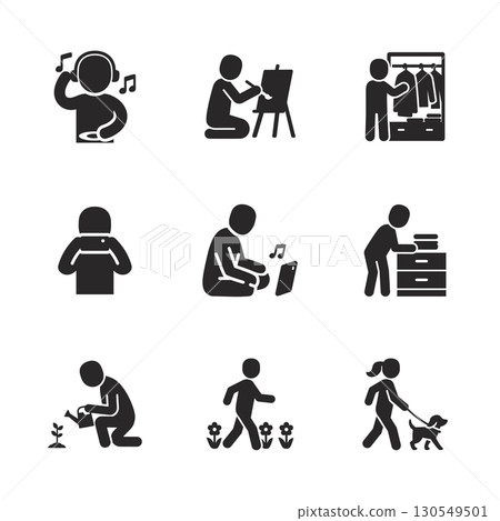 Daily joy solid icon set showing simple lifestyle activities for wellness and happy living designs. 130549501