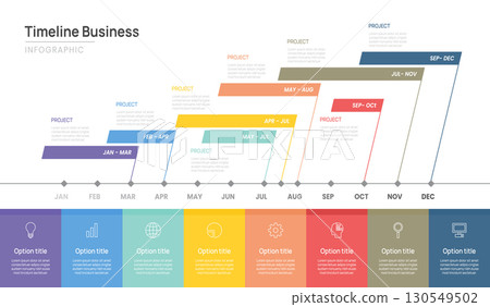 infographics timeline Business with schedule 12 Months to success, presentation Timeline diagram calendar template with icon elements vector illustration. 130549502