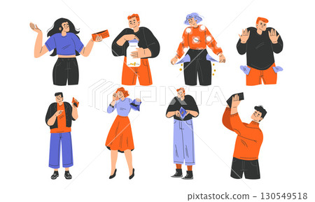 Diverse individuals expressing emotions and engaging in activities through vibrant illustrations 130549518
