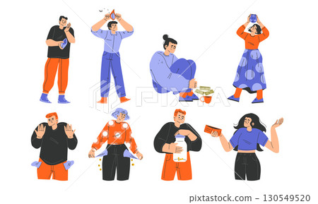 Diverse characters express emotions and engage in activities, showcasing vibrant colors 130549520