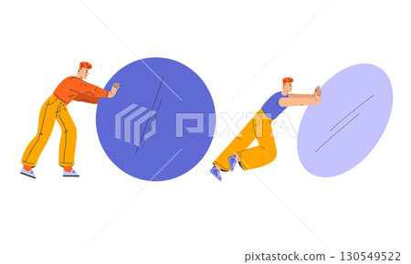 A Dynamic Illustration Showcasing People Actively Pushing Circular Objects Together 130549522
