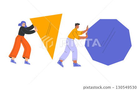 A lively group joyfully carries colorful geometric shapes in bright attire, showcasing creativity 130549530