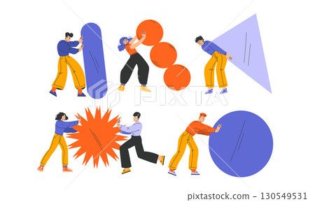 Dynamic People Engaging in Interaction with Geometric Shapes in Various Contexts and Styles Dynamic People Engaging in Interaction with Geometric Shapes in Various Contexts and Styles 130549531