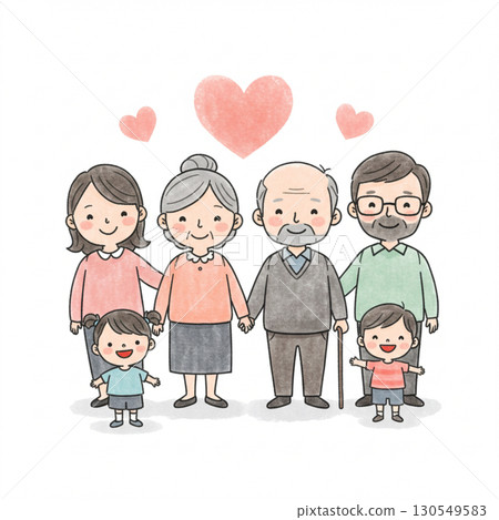 祖父母和家人的插圖|三代人圍繞著祖父母的笑臉 祖父母和家人的插圖|三代人圍繞著祖父母的笑臉 130549583