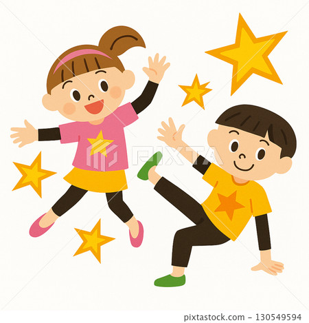 Illustration of children jumping energetically | Pop design with stars and smiles Illustration of children jumping energetically | Pop design with stars and smiles 130549594