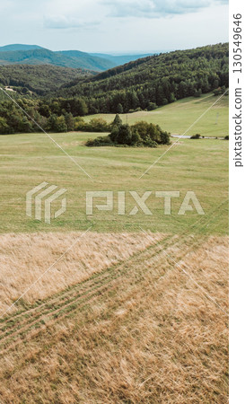 Aerial drone view of green rolling hills and forest landscape. 130549646