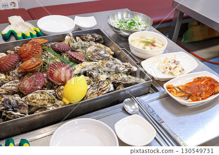 Korean Seafood Food. Steamed oysters and scallops 130549731