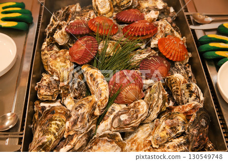 Korean Seafood Food. Steamed oysters and scallops Korean Seafood Food. Steamed oysters and scallops 130549748