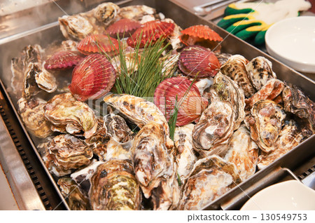 Korean Seafood Food. Steamed oysters and scallops 130549753