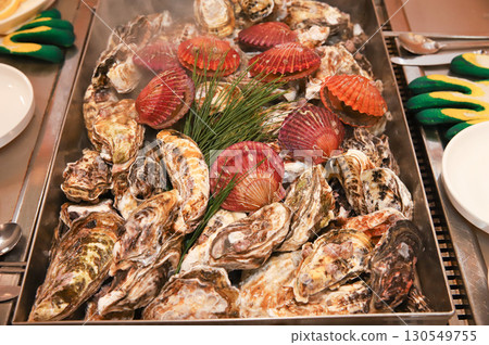 Korean Seafood Food. Steamed oysters and scallops 130549755