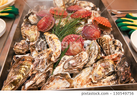 Korean Seafood Food. Steamed oysters and scallops 130549756