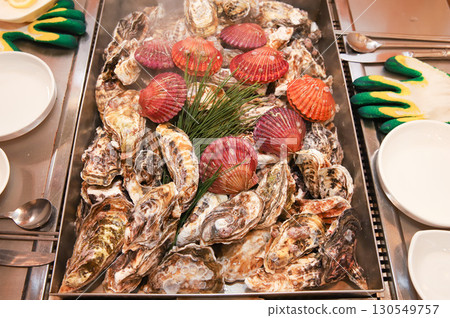 Korean Seafood Food. Steamed oysters and scallops 130549757