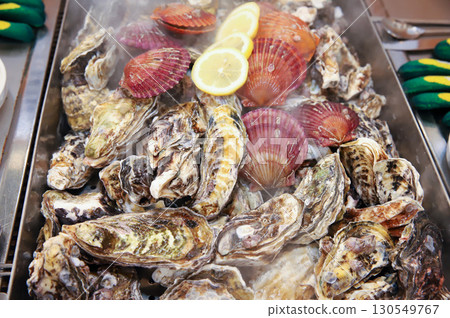 Korean Seafood Food. Steamed oysters and scallops 130549767