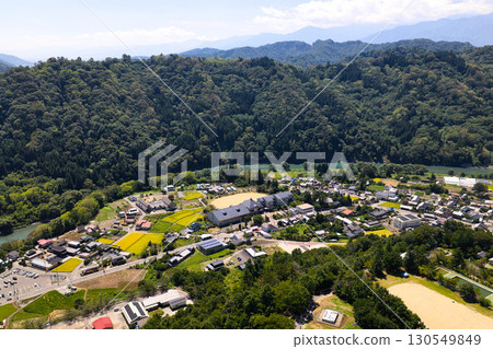 View of the Ikusaka townscape from above Ikusaka Elementary School, Ikusaka Village, Nagano Prefecture (aerial photography by drone) View of the Ikusaka townscape from above Ikusaka Elementary School, Ikusaka Village, Nagano Prefecture (aerial photography by drone) 130549849