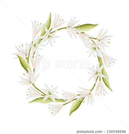Spring white flowers watercolor round wreath. Simple wildflowers frame with green leaves and copy space. Delicate floral sticker illustration in minimalist style for wedding designs 130549896