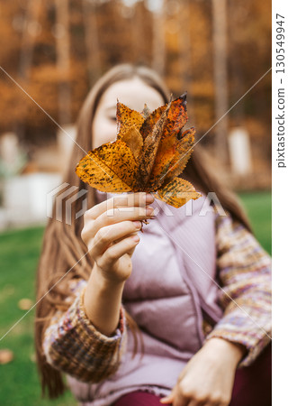 Girl holding autumn leaves in hand, close up. 130549947