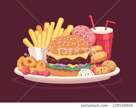 Fast food vector illustration. Hamburger, french fries, cola and donuts. 130549994