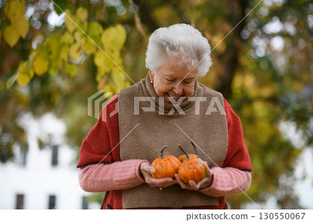 Portrait of elderly woman on walk in the park during warm autumn day, holding handful of pumpkins. Portrait of elderly woman on walk in the park during warm autumn day, holding handful of pumpkins. 130550067