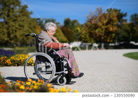 Portrait of elderly woman sitting in wheelchair and reading book. Semale senior spending warm autumn day in city park 130550090