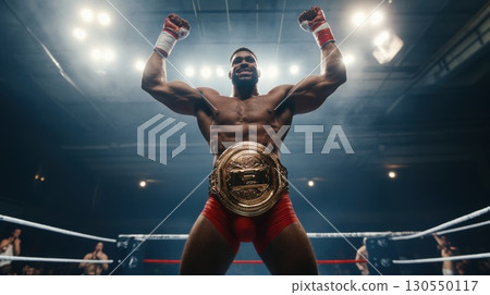 Handsome muscular mixed-race male boxer posing in the ring. 130550117