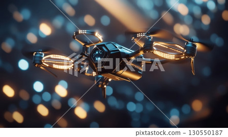 Futuristic drone flying in vibrant illuminated environment with bokeh effect Futuristic drone flying in vibrant illuminated environment with bokeh effect 130550187