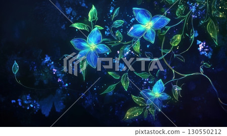 Glowing Blue Flowers and Green Vines on Black Background, Abstract Floral Illustration 130550212
