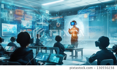 Virtual Reality Classroom, Students in VR headsets learning from a teacher 130550238