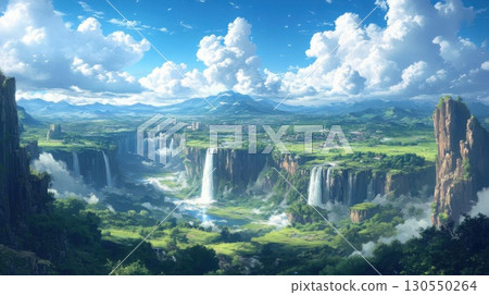 Panoramic view of beautiful waterfall. 130550264