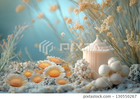 Chamomile and dried flowers on blue background. 130550267