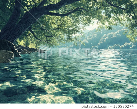 Beautiful summer landscape with lake and old oak tree, 3d render. Beautiful summer landscape with lake and old oak tree, 3d render. 130550274
