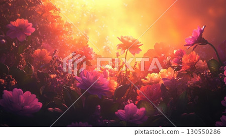 Beautiful garden at sunset with blooming pink roses. Romantic floral background with glowing light 130550286