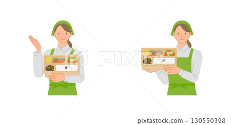 一組帶著微笑的送貨上門女員工拿著午餐盒 一組帶著微笑的送貨上門女員工拿著午餐盒 130550398