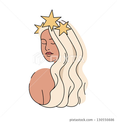 Vector Virgo zodiac sign or celestial woman character. Constellation symbol for earth element. Female or girl person. Birth calendar or mystic maiden. Astrology or esoteric, cosmic icon. Starry virgin 130550886