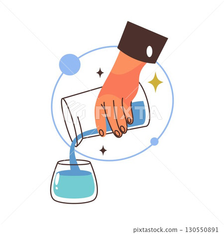 Vector hand pouring water or liquid into glass. Clean fluid consumption and hydration, healthy drinking icon with stream of H2O or fresh drink. Drinkware flow with splash. Aqua container. Kitchen. 130550891