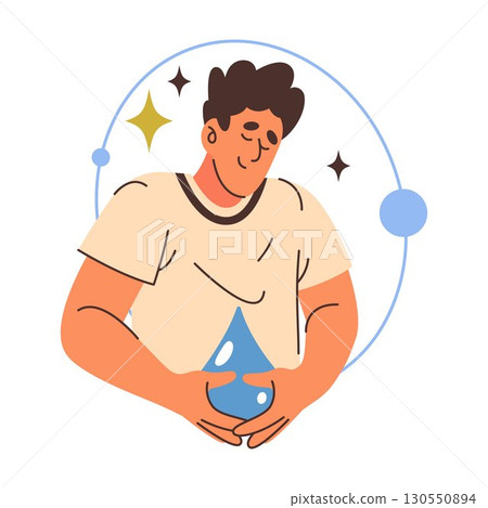 Water care sign with man hold liquid drop. Vector fluid purity and conservation, sustainability symbol. H2O droplet icon for environmental protection and clean resource, ecosystem safety or eco caring Water care sign with man hold liquid drop. Vector fluid purity and conservation, sustainability symbol. H2O droplet icon for environmental protection and clean resource, ecosystem safety or eco caring 130550894