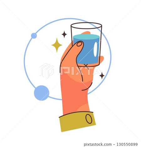Vector hand holding glass of water. Hydration and drinking icon with clear liquid container or vessel with fluid, clean beverage and palm with drink. Healthy nutrition symbol. Drinkware cup or utensil Vector hand holding glass of water. Hydration and drinking icon with clear liquid container or vessel with fluid, clean beverage and palm with drink. Healthy nutrition symbol. Drinkware cup or utensil 130550899