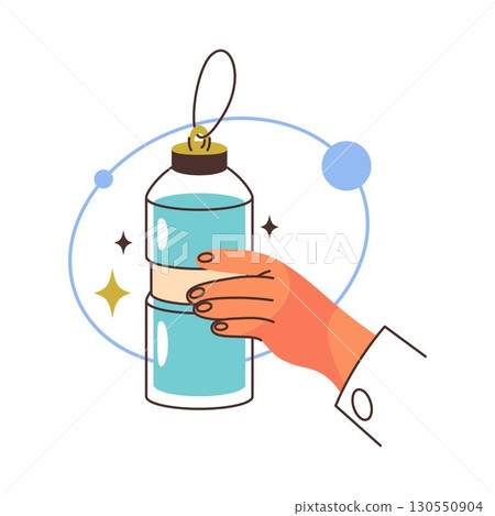 Vector palm holding bottle of water. Graphic with clean drinking fluid or icon of liquid plastic container. Element for hydration and drinkware, healthy nutrition and refreshment. Aqua and H2O clipart Vector palm holding bottle of water. Graphic with clean drinking fluid or icon of liquid plastic container. Element for hydration and drinkware, healthy nutrition and refreshment. Aqua and H2O clipart 130550904
