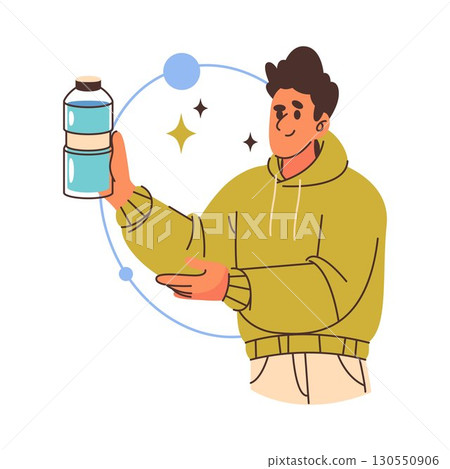 Male holding bottle with drinking water. Vector illustration for H2O consumption and healthy drink. Card for pure and clean aqua beverage. Icon of drinkware. Drinking and thirst, hydration clipart. Male holding bottle with drinking water. Vector illustration for H2O consumption and healthy drink. Card for pure and clean aqua beverage. Icon of drinkware. Drinking and thirst, hydration clipart. 130550906