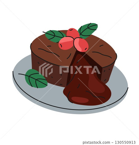 Chocolate cake on plate. Vector dessert with berry. Sweet pastry with icing or served treat for cafe or restaurant bakery, patisserie or confectionary. Food for festive celebration. Homemade dish. Chocolate cake on plate. Vector dessert with berry. Sweet pastry with icing or served treat for cafe or restaurant bakery, patisserie or confectionary. Food for festive celebration. Homemade dish. 130550913