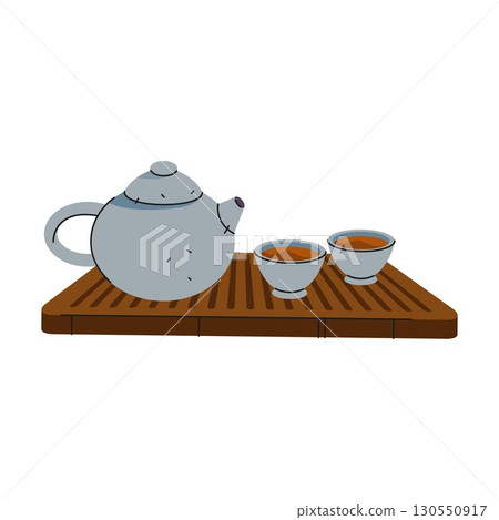 Chinese tea. Vector traditional oriental beverage. Asian cultural hot drink for ceremony. Oriental culture teapot and cup serving ritual. Porcelain tableware. Herbal oolong or pu-erh icon. China mug. Chinese tea. Vector traditional oriental beverage. Asian cultural hot drink for ceremony. Oriental culture teapot and cup serving ritual. Porcelain tableware. Herbal oolong or pu-erh icon. China mug. 130550917