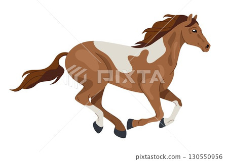 American paint horse side view. Vector running animal or equine movement. APHA equestrian gallop or gait. Mammal with hoof and mane. Mare or mustang, stallion motion icon. Sport broodmare emblem. 130550956