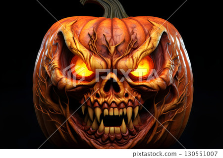 Halloween spooky pumpkin scary background with haunted house and full moon - Ai Generated 130551007