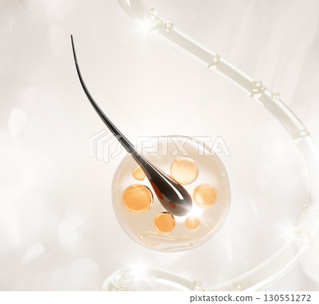 Hair follicle with clear gel serum drop and oil bubbles. Shampoo, yellow honey mask, keratin vitamin. Liquid cosmetic wave and splash. Beauty care 3d background, treatment and repair. 3D illustration 130551272