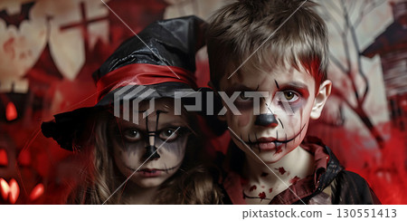Children in costumes and makeup holiday happy Halloween background, Happy Halloween - Ai Generated 130551413
