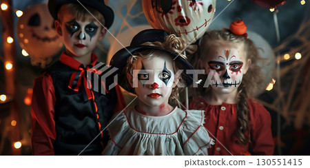 Children in costumes and makeup holiday happy Halloween background, Happy Halloween - Ai Generated 130551415