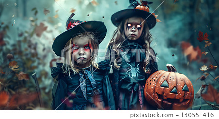 Children in costumes and makeup holiday happy Halloween background, Happy Halloween - Ai Generated Children in costumes and makeup holiday happy Halloween background, Happy Halloween - Ai Generated 130551416